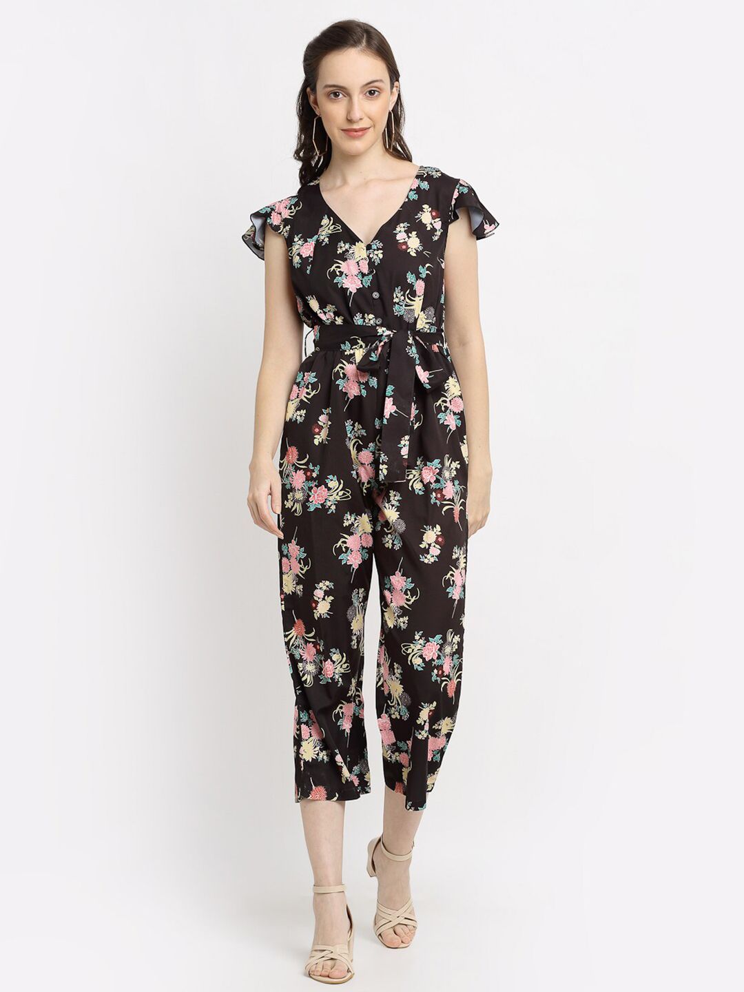 DressBerry Black & Pink Printed Basic Jumpsuit Price in India