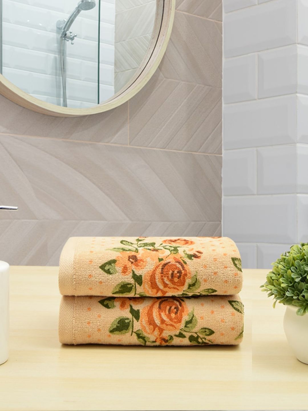 RANGOLI Set Of 2 Beige Floral Printed Cotton 450 GSM Hand Towels Price in India