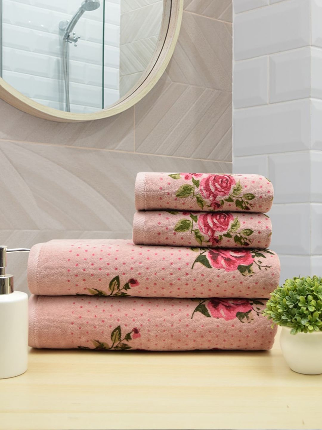 RANGOLI 4 Pieces Pink Printed 450 GSM Cotton Bath & Hand Towel Set Price in India