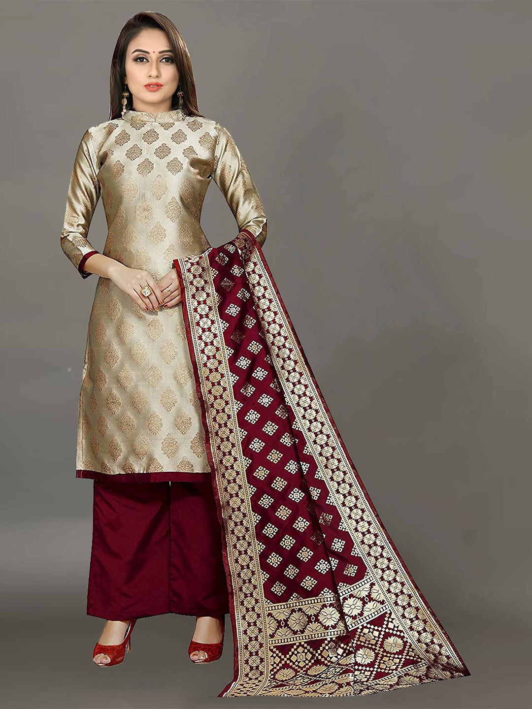 Ekta Textiles Women Beige & Maroon Unstitched Dress Material Price in India