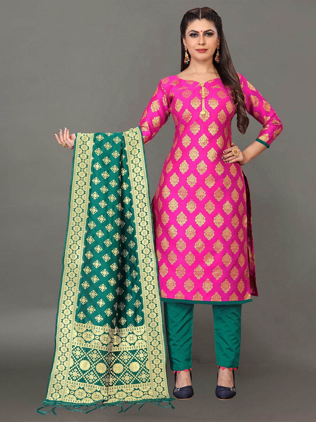 Ekta Textiles Pink & Green Banarasi Unstitched Dress Material Price in India