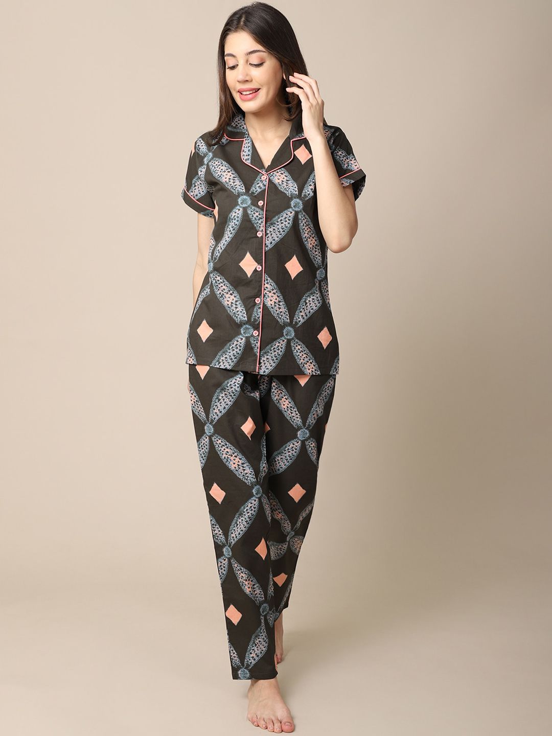 Claura Women Brown & Blue Printed Night suit Price in India