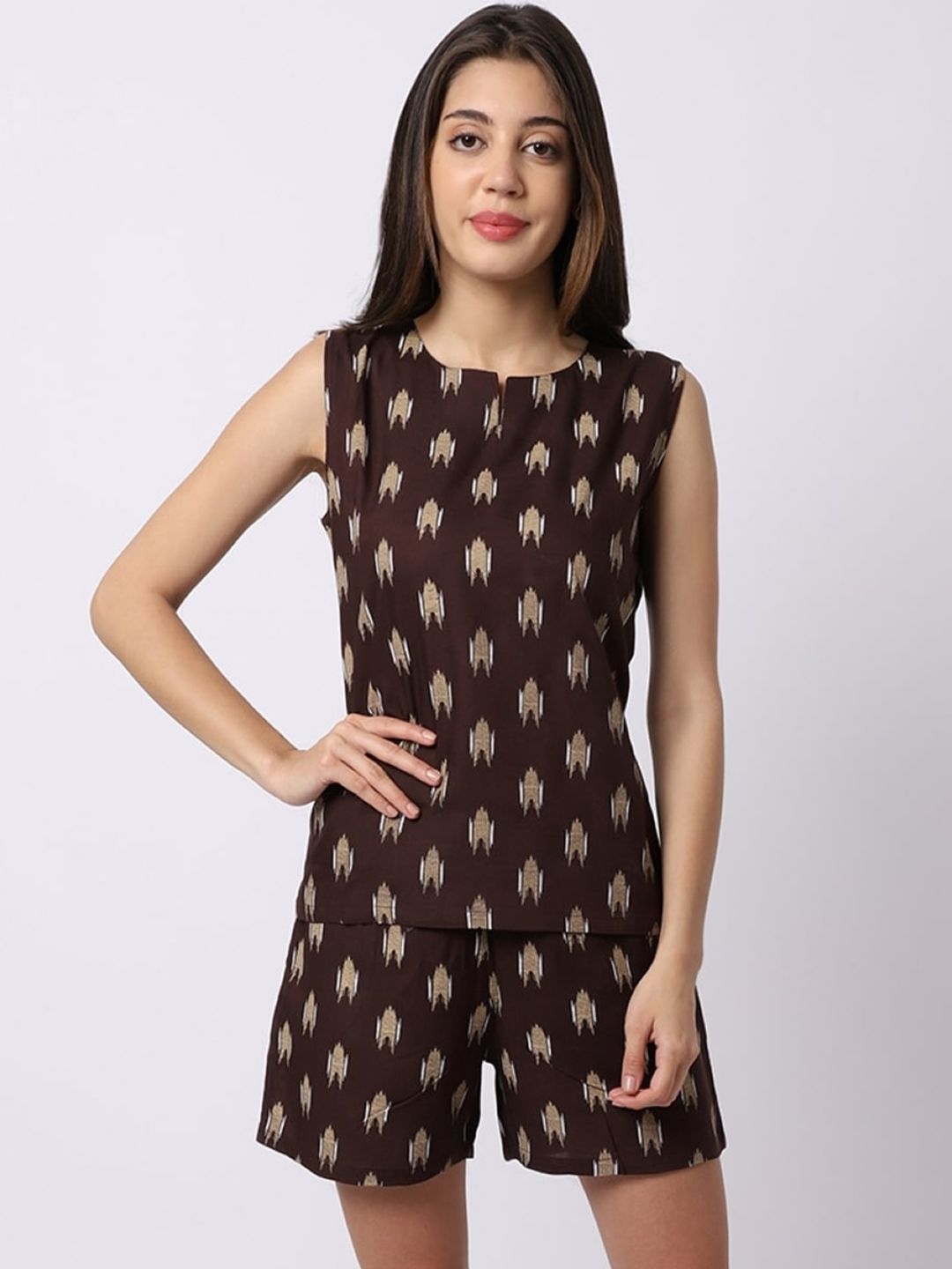Claura Women Brown & Beige Printed Night suit Price in India