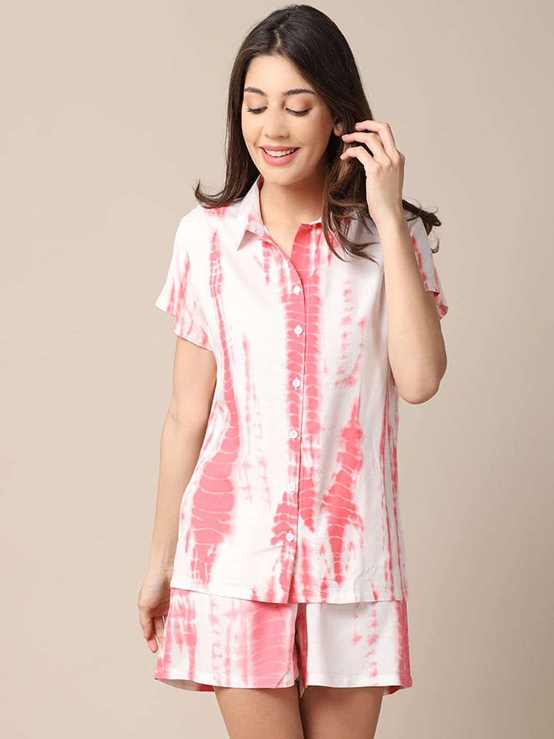 Claura Women Pink & White Printed Night suit Price in India