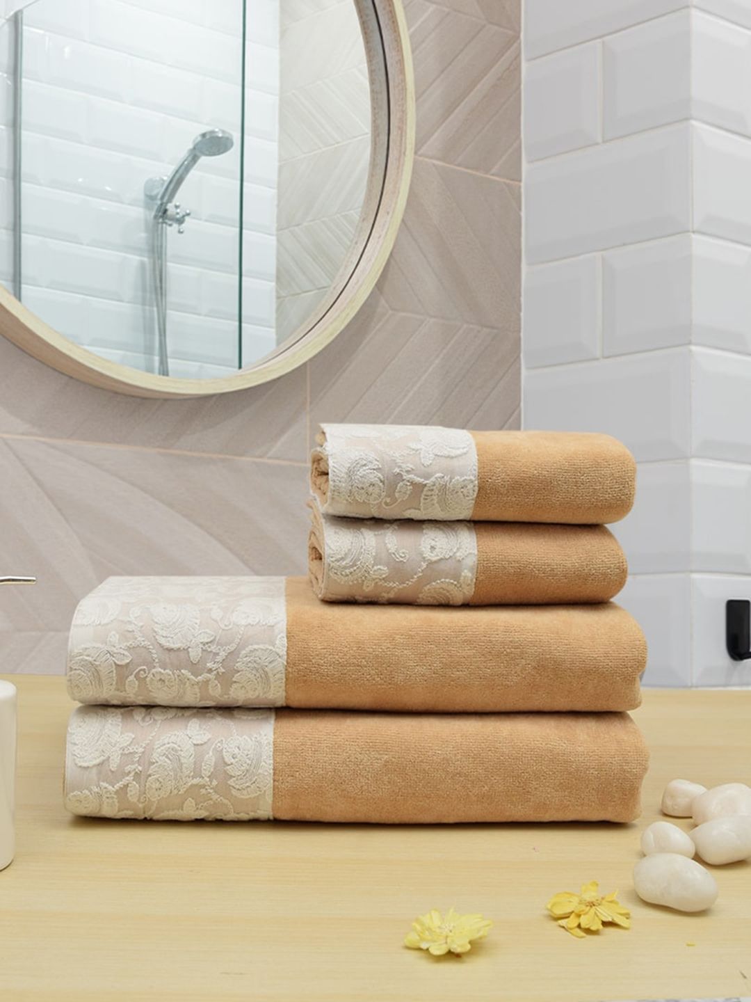 RANGOLI Pack Of 4  Beige Solid 450 GSM Pure Cotton Towel Set Price in India