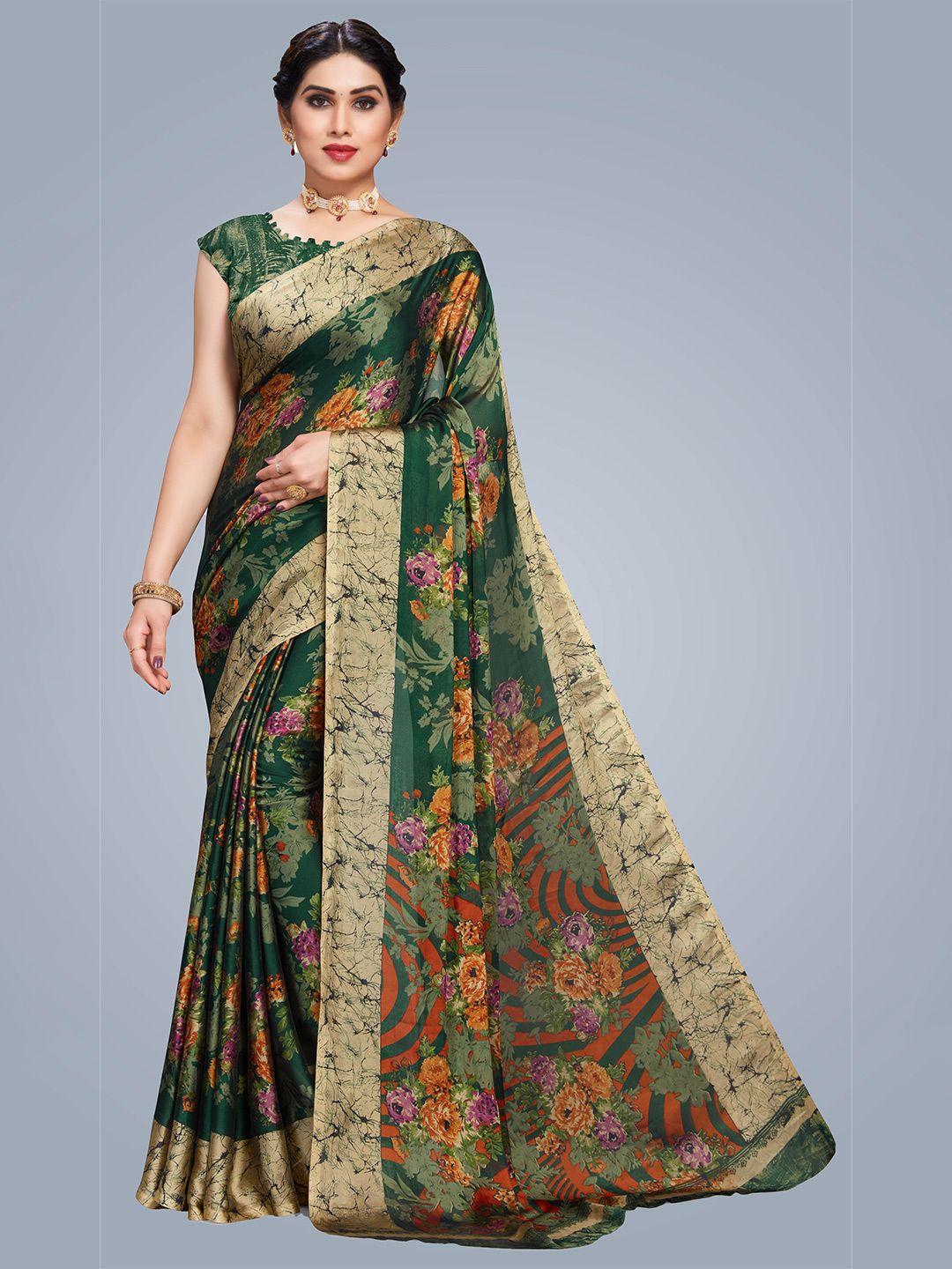 MS RETAIL Green & Beige Floral Pure Georgette Block Print Saree Price in India