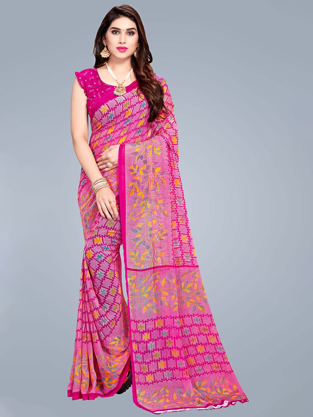 MS RETAIL Pink & Yellow Pure Georgette Block Print Saree Price in India