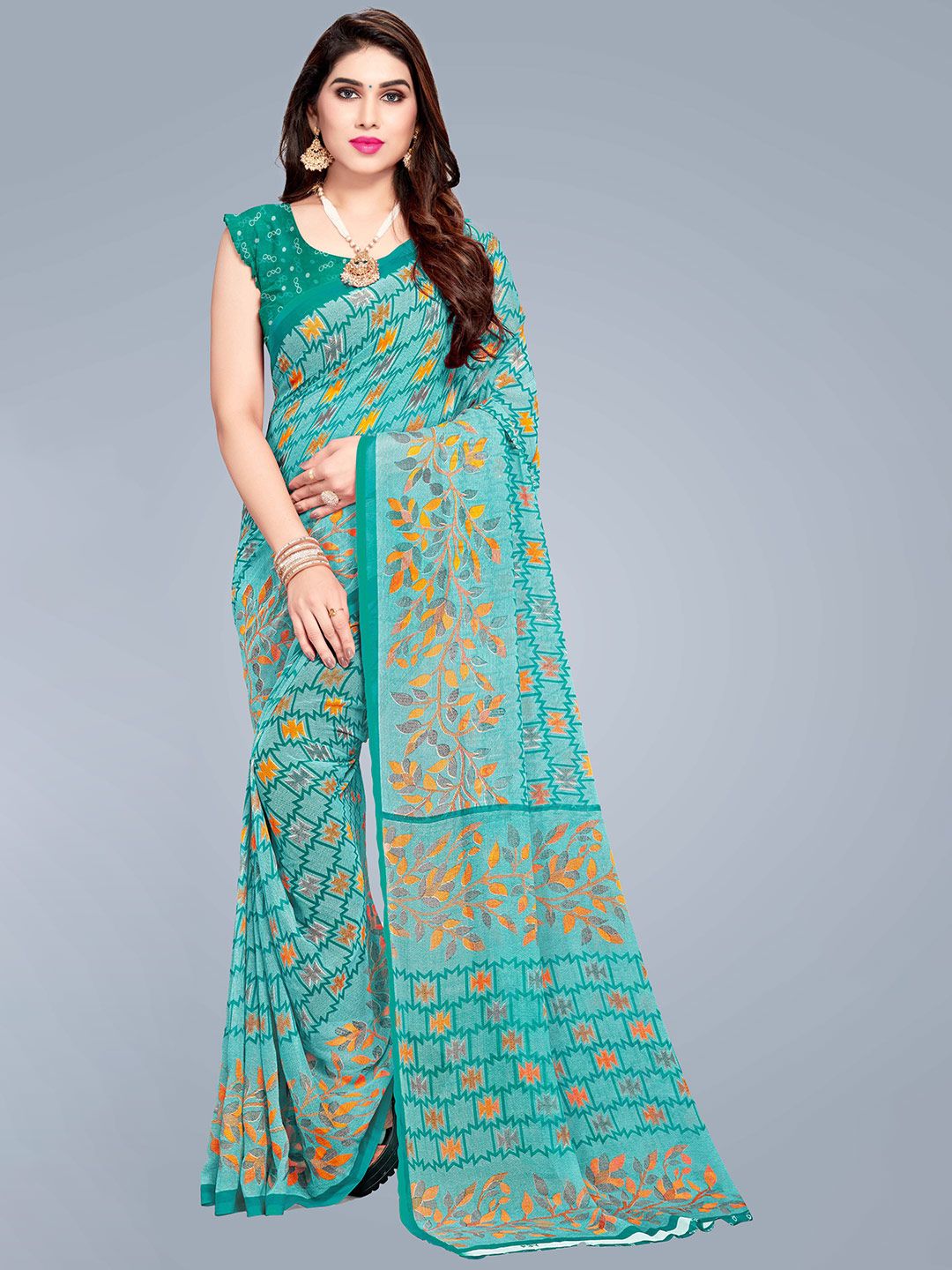 MS RETAIL Teal & Yellow Pure Georgette Block Print Saree Price in India