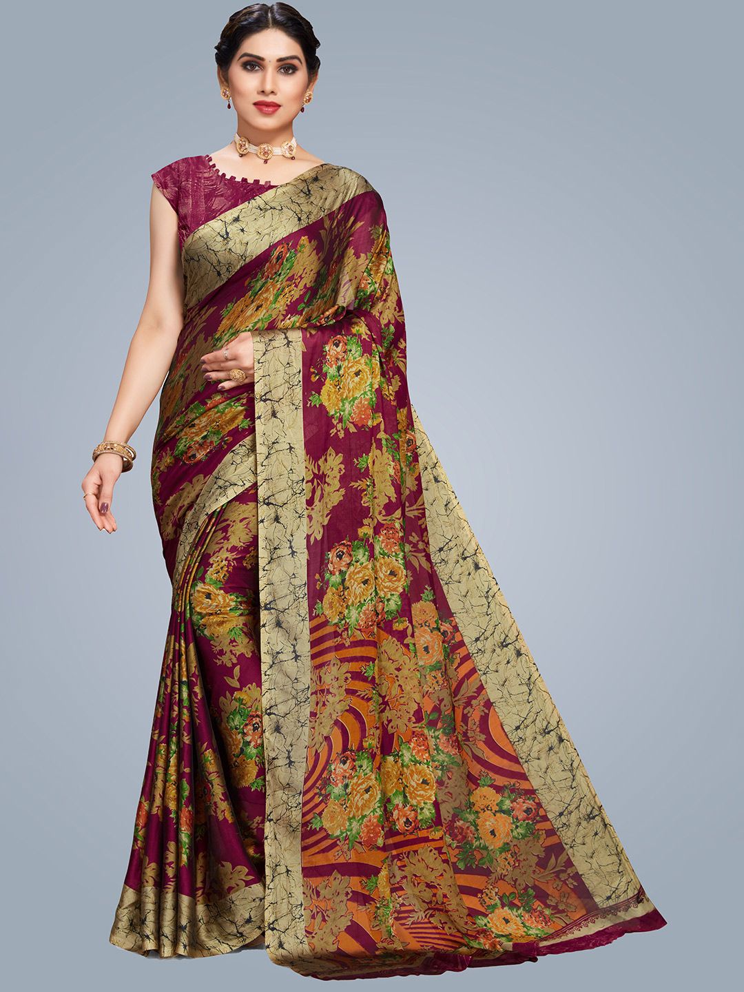 MS RETAIL Rust & Green Floral Pure Georgette Block Print Saree Price in India