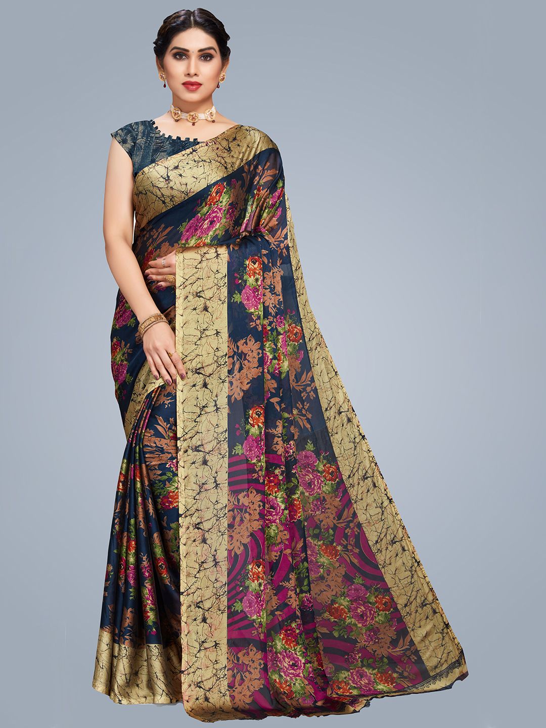 MS RETAIL Navy Blue & Magenta Floral Zari Pure Georgette Block Print Saree Price in India