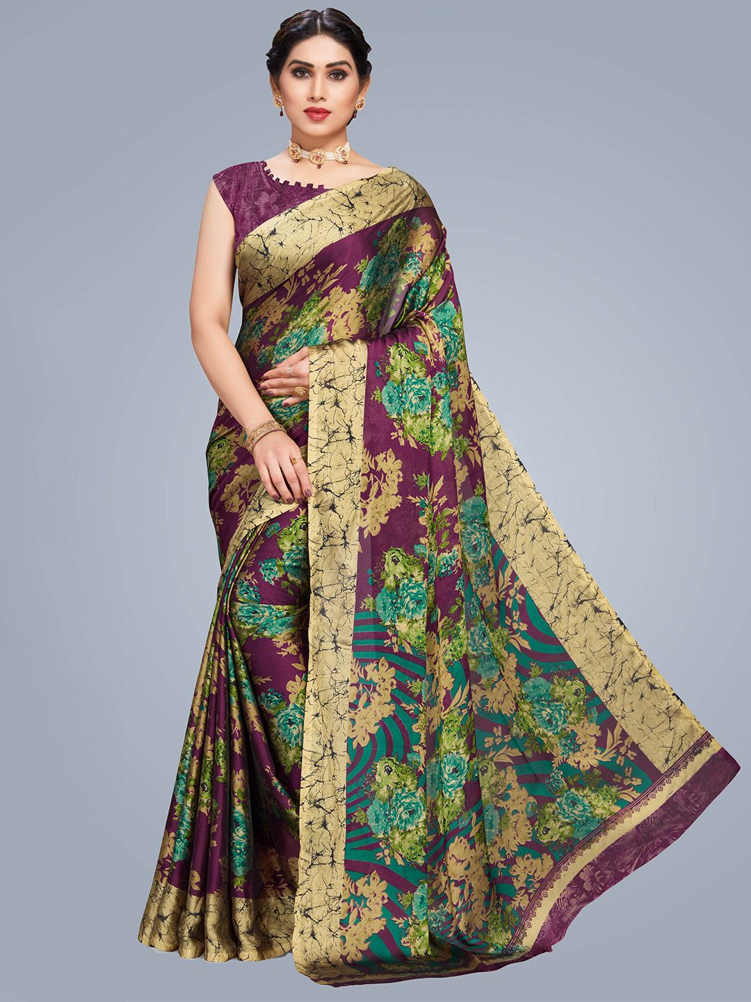 MS RETAIL Burgundy & Green Floral Pure Georgette Block Print Saree Price in India