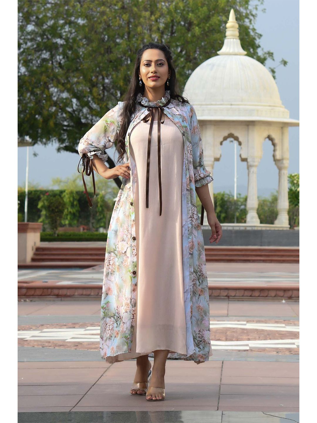 Mulmul By Arabella Blue & Beige Crepe A-Line Midi Dress Price in India