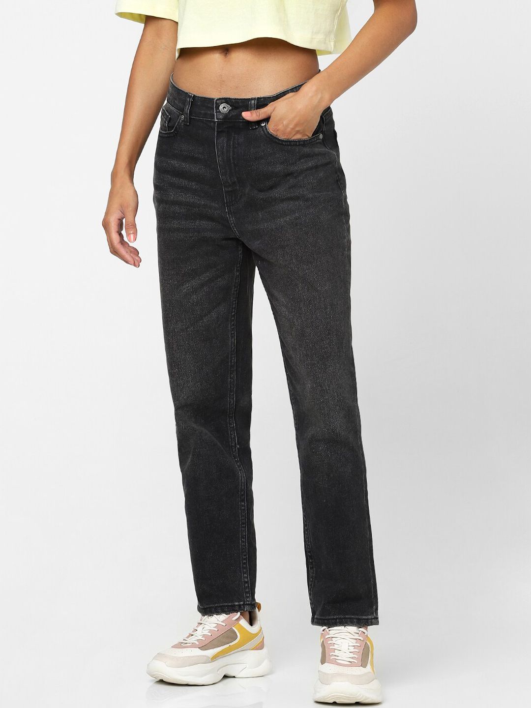 ONLY Women Black Straight Fit High-Rise Low Distress Jeans Price in India