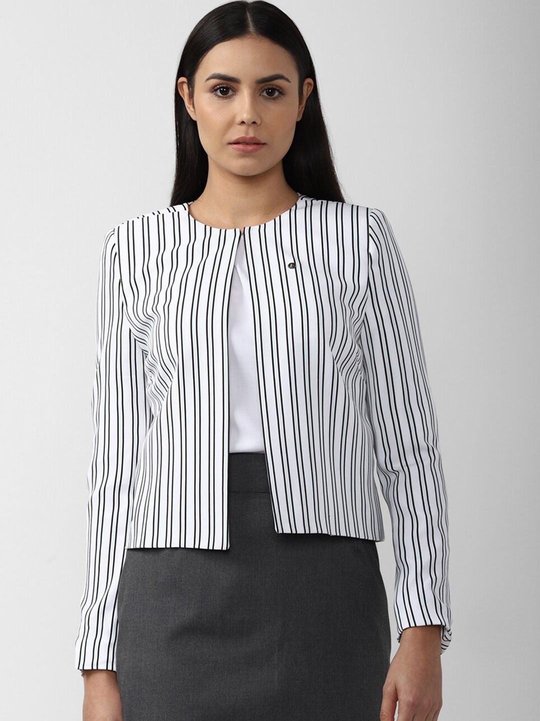 Van Heusen Woman White Striped Regular Fit Single Breasted Blazers Price in India