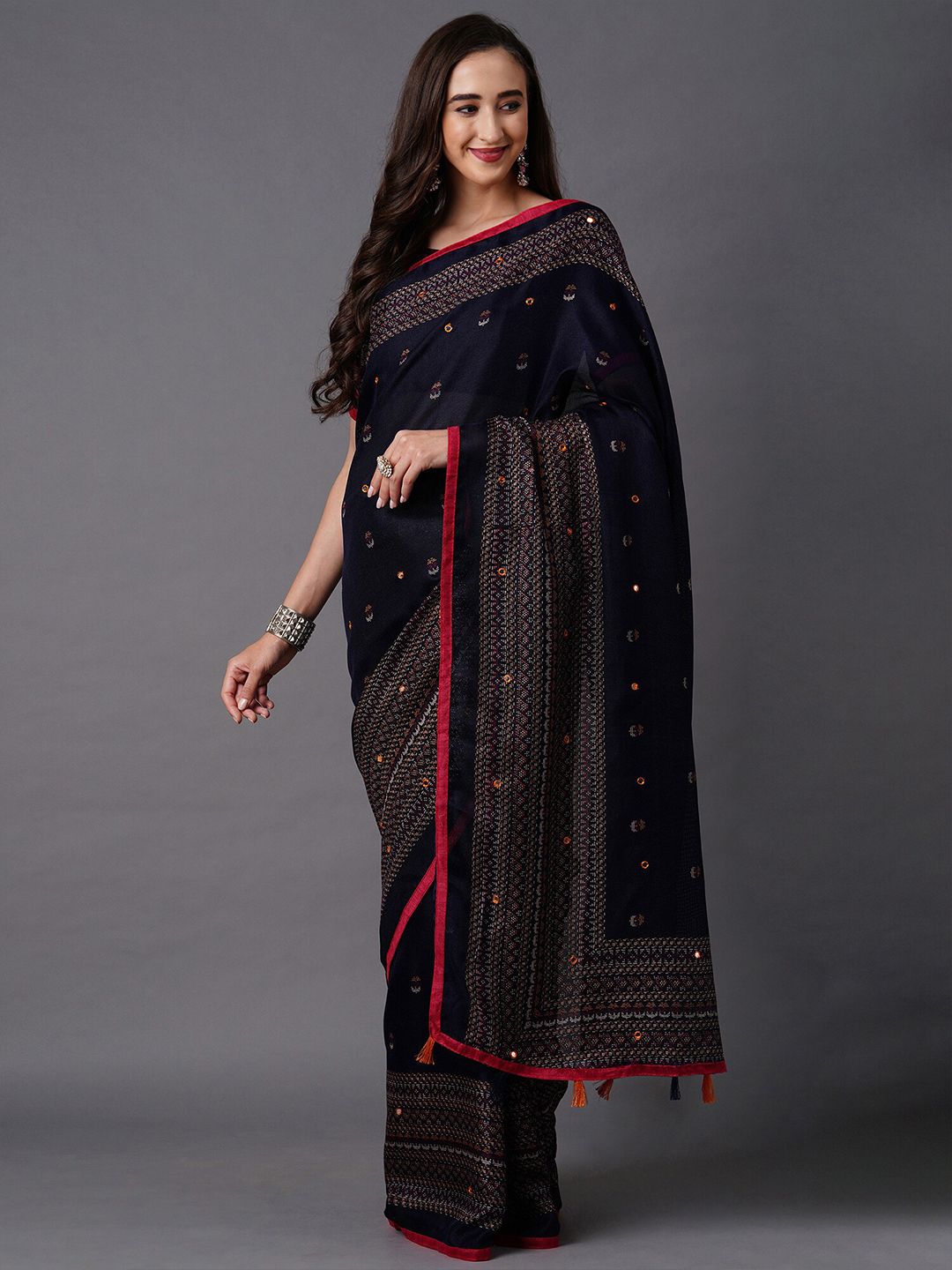 Mitera Navy Blue & Red Floral Jute Silk Saree Price in India