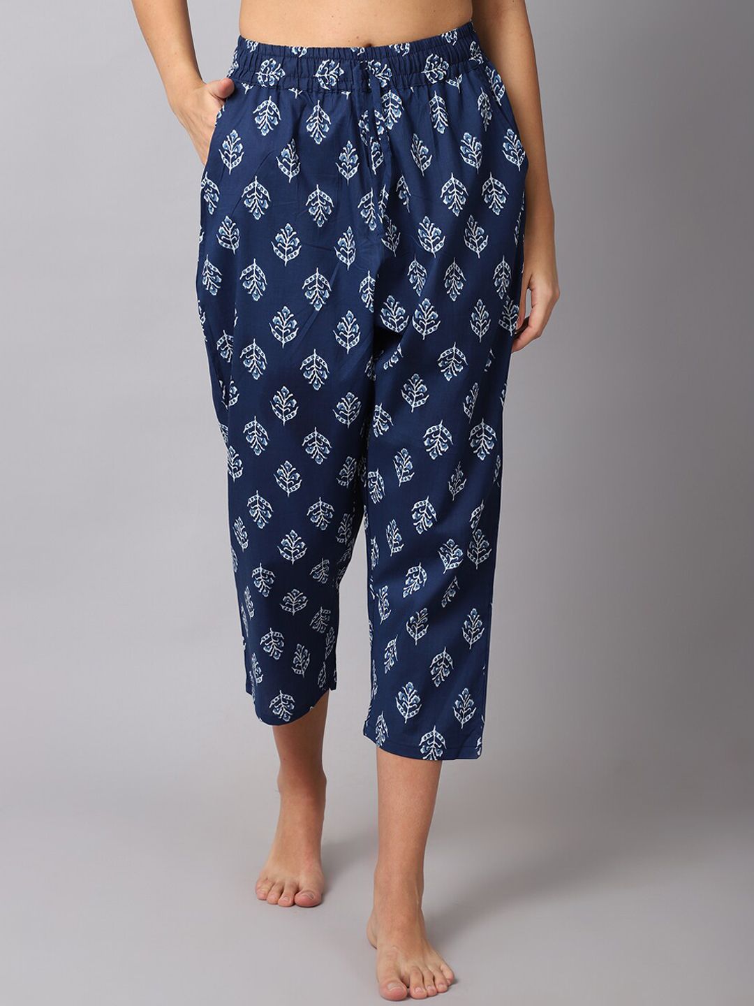 TAG 7 Navy Blue Printed Cotton Lounge Pants Price in India