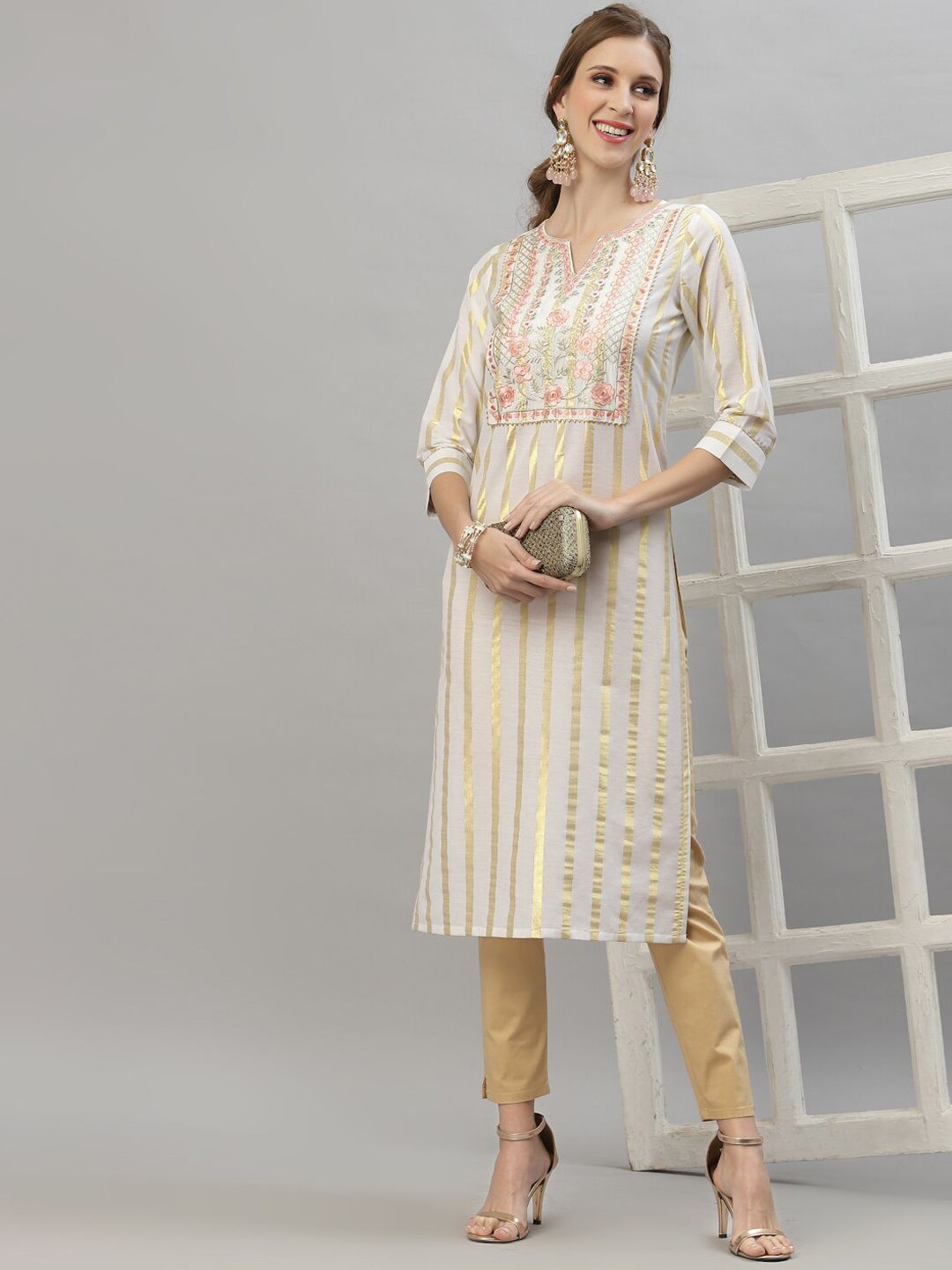 KALINI Women White Printed Thread Work Kurta Price in India