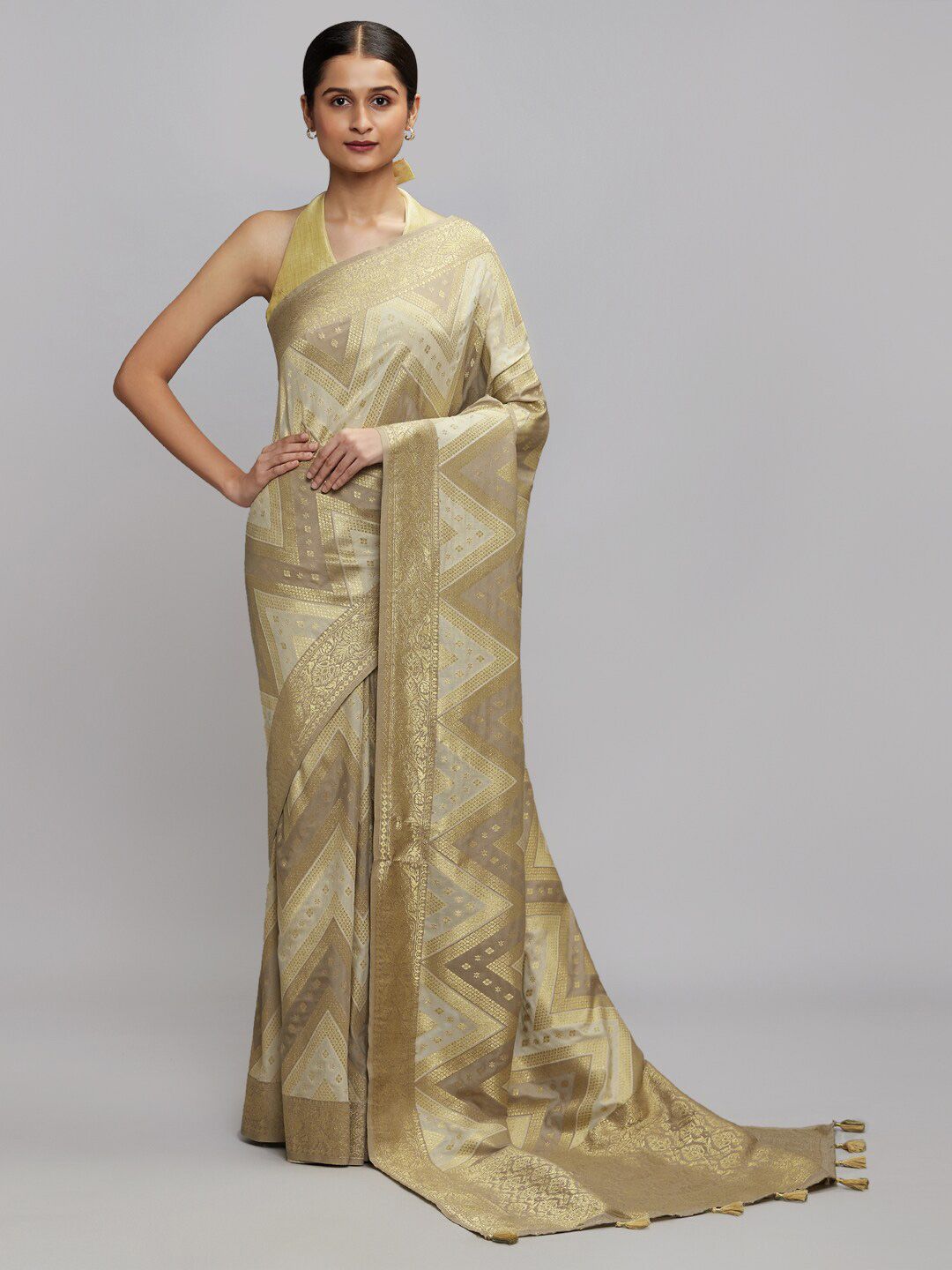 navyasa Women Gold-Toned & Grey Geometric  Zari Saree Price in India