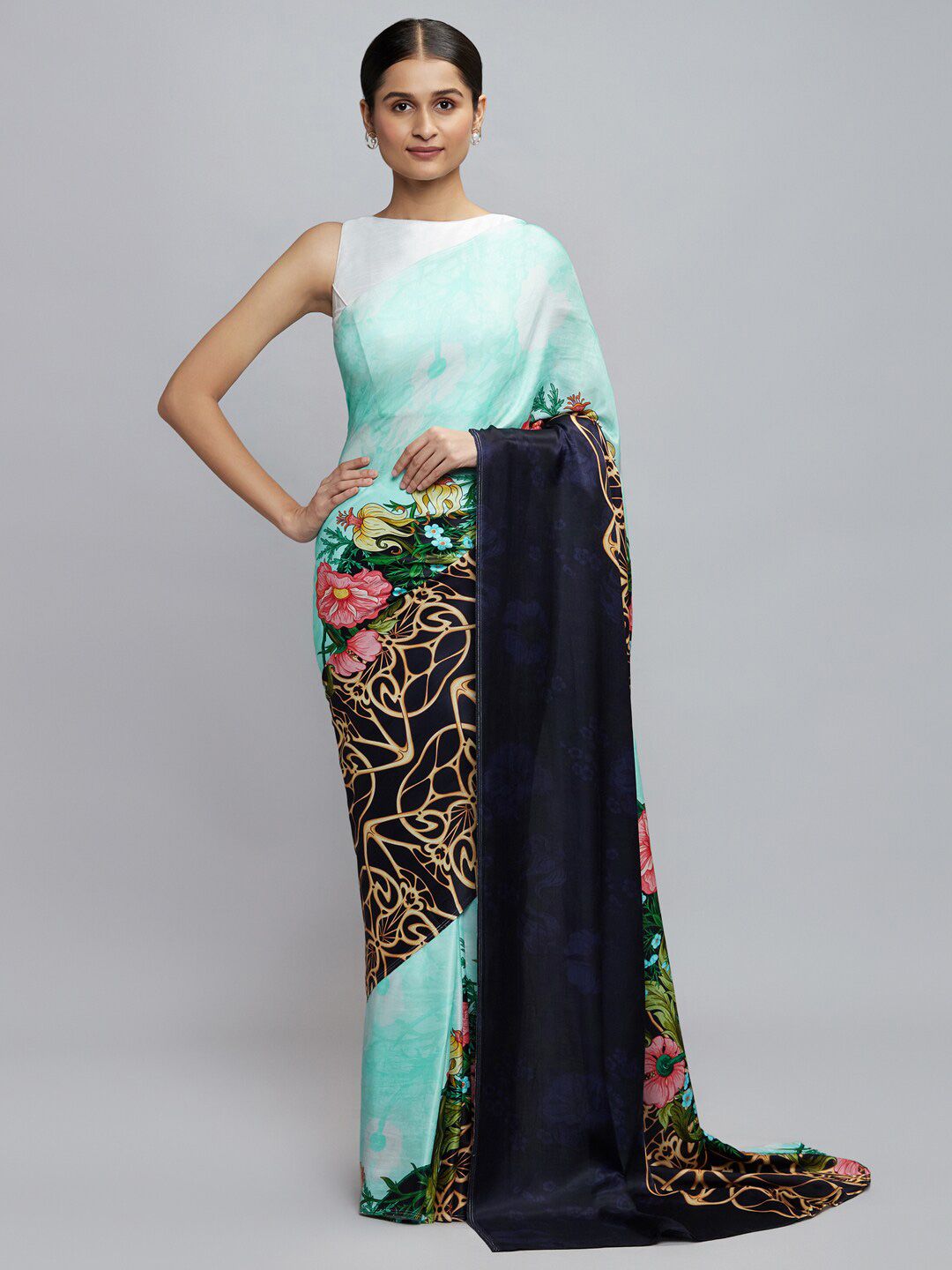 navyasa Blue & Pink Liva Satin Floral Printed Saree Price in India