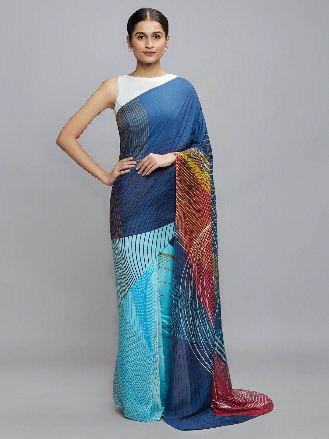 navyasa Women Blue Liva Abstract Printed Saree Price in India