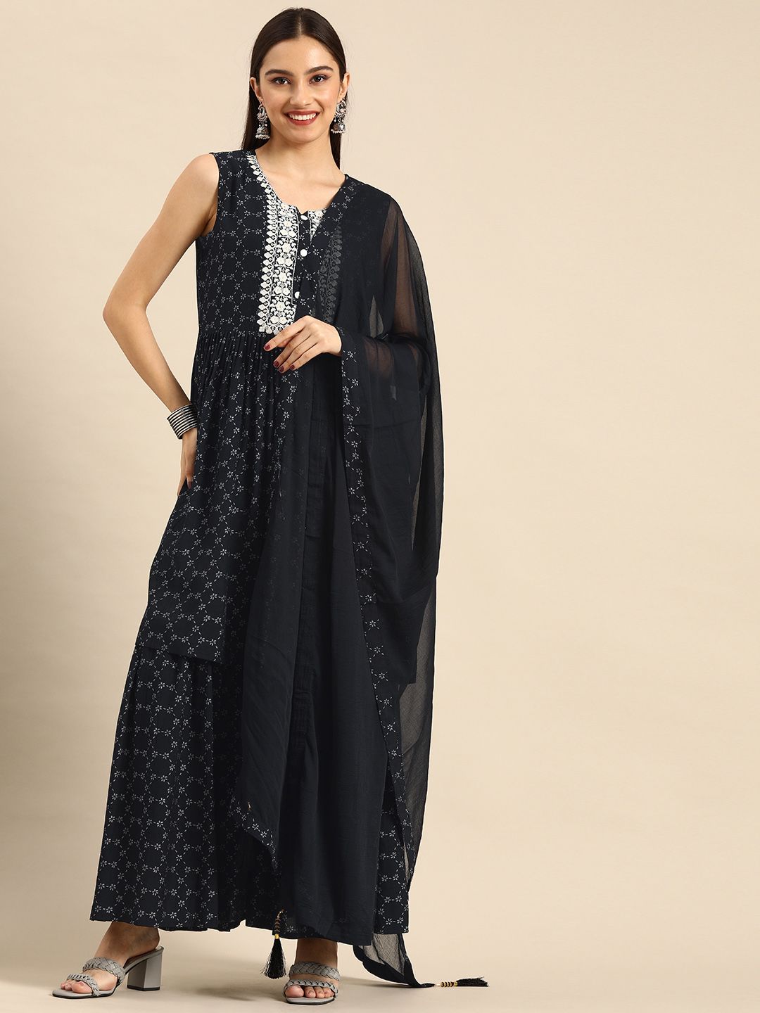 Anouk Women Black Ethnic Motifs Printed Embroidered Detail Kurta with Sharara & Dupatta Price in India