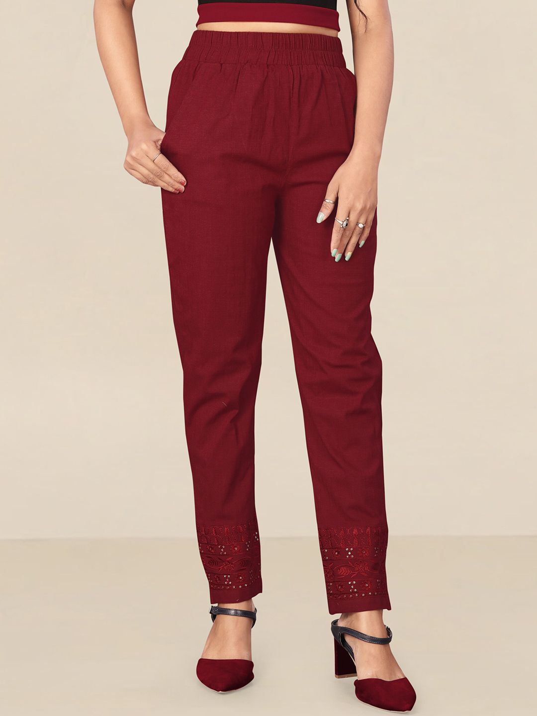 UNITED LIBERTY Women Maroon Printed Relaxed Easy Wash Trousers Price in India