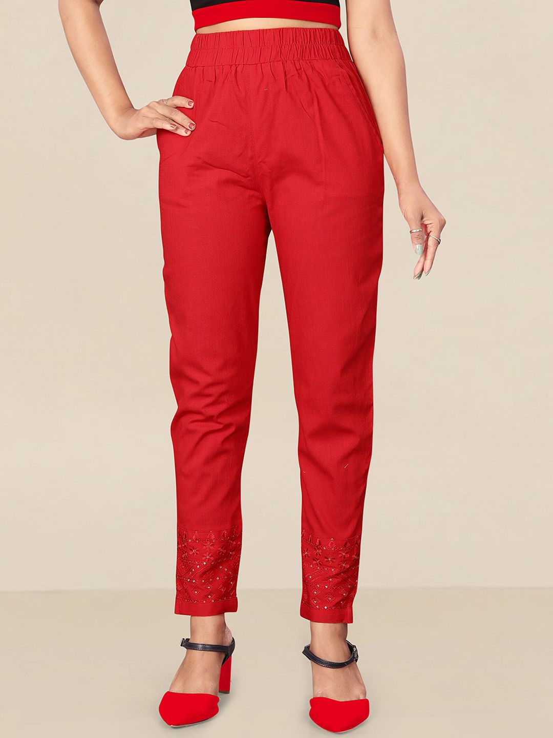 UNITED LIBERTY Women Red Relaxed Easy Wash Trousers Price in India