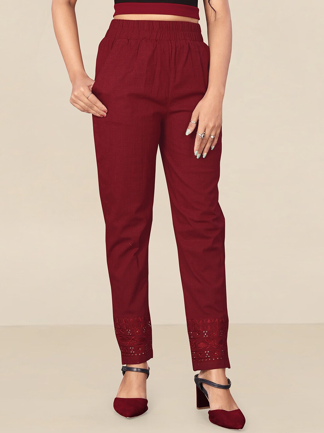 UNITED LIBERTY Women Maroon Relaxed Easy Wash Trousers Price in India