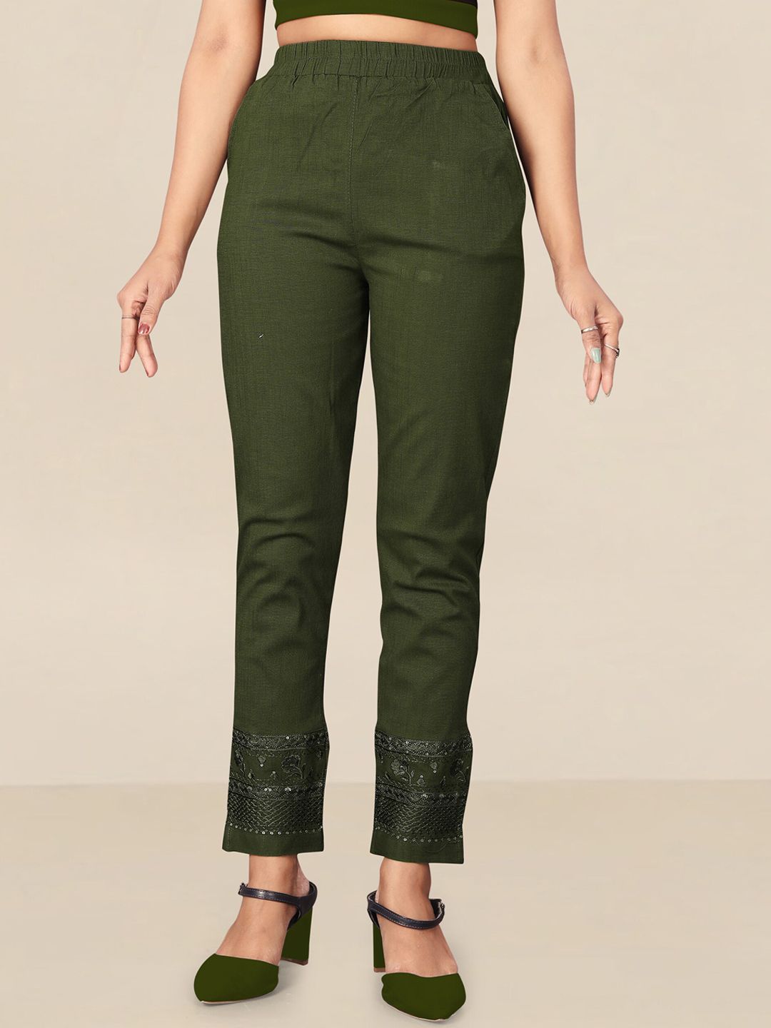 UNITED LIBERTY Women Olive Green Relaxed Easy Wash Trousers Price in India