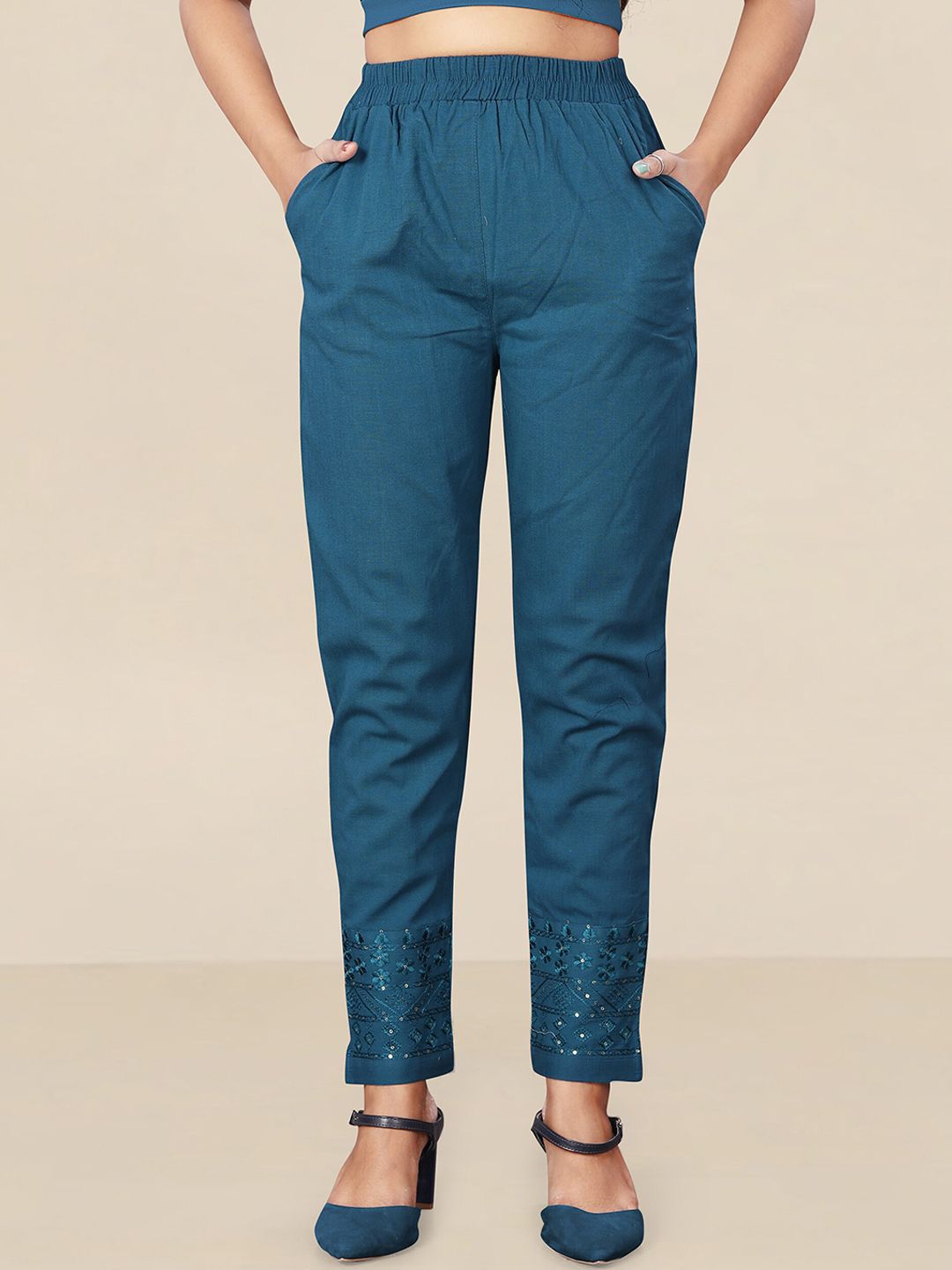 UNITED LIBERTY Women Teal Relaxed Easy Wash Trousers