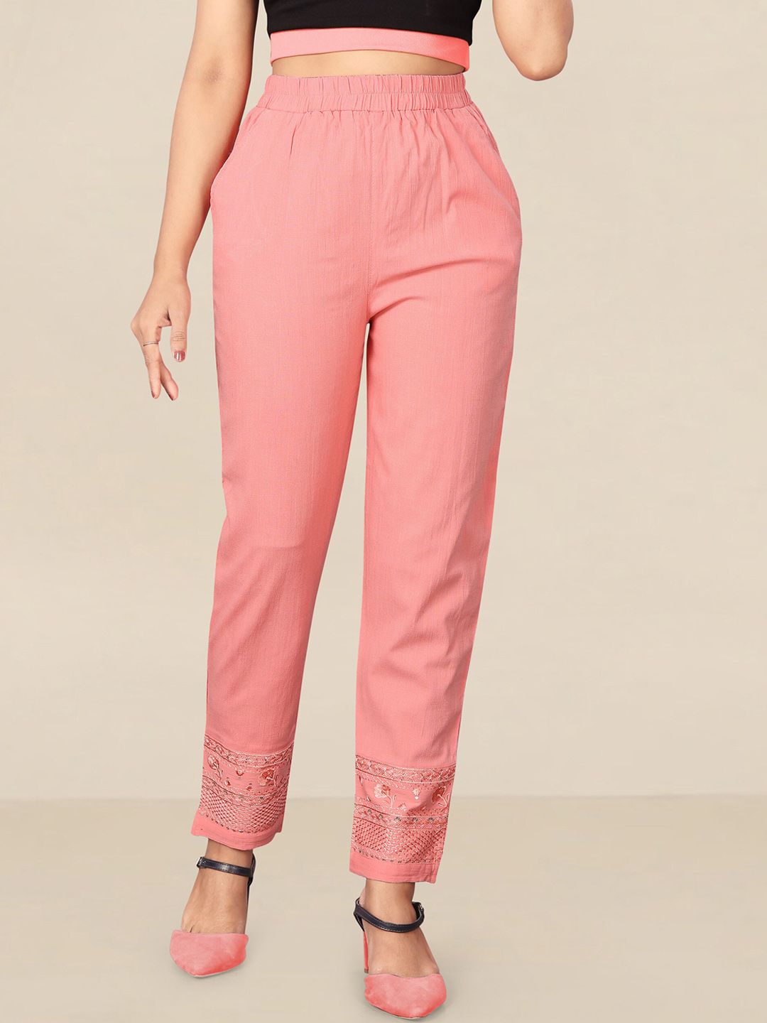 UNITED LIBERTY Women Peach-Coloured Floral Embroidered Relaxed Easy Wash Trousers