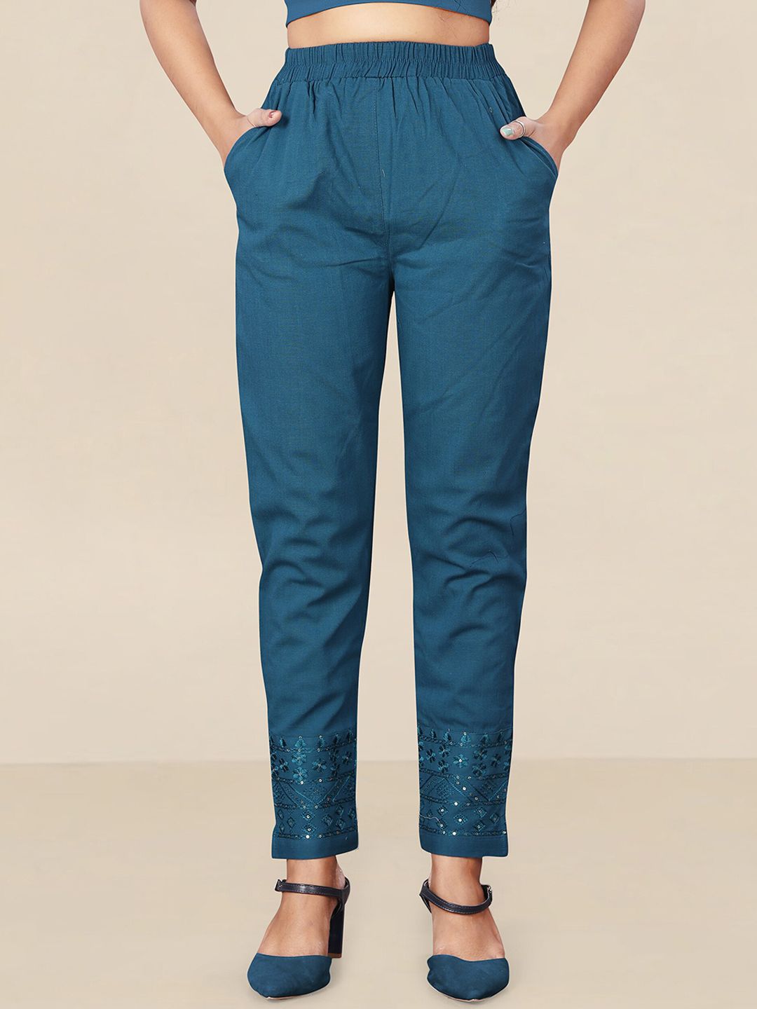 UNITED LIBERTY Women Teal Relaxed Easy Wash Trousers Price in India