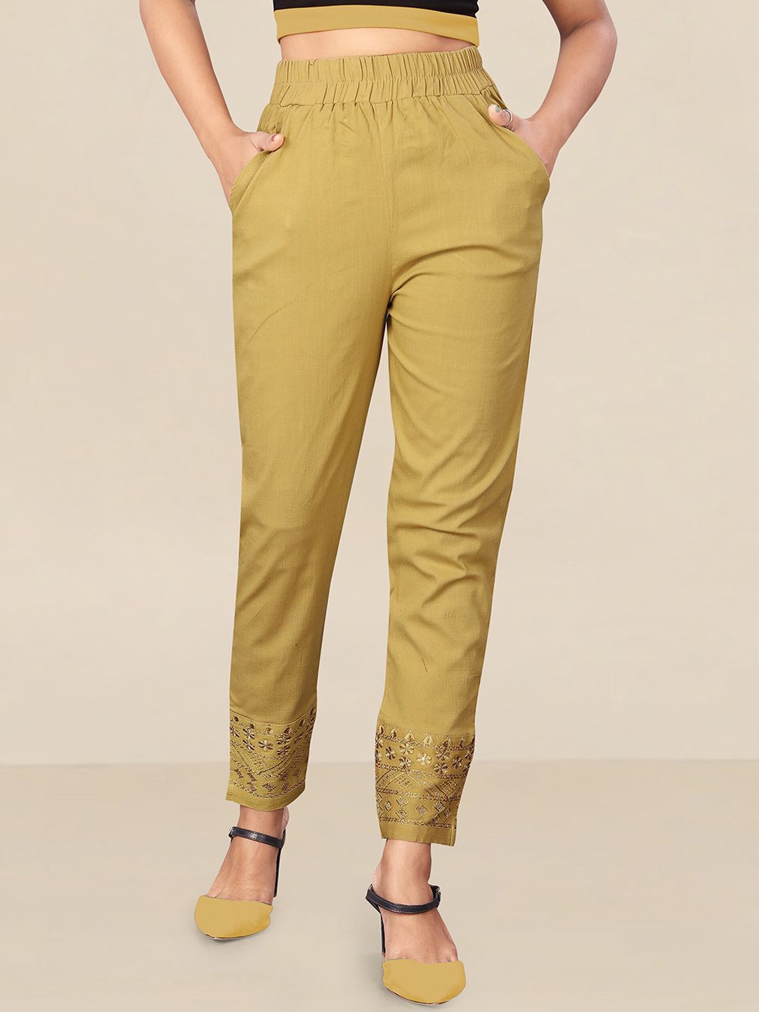 UNITED LIBERTY Women Gold-Toned Relaxed Easy Wash Trousers Price in India