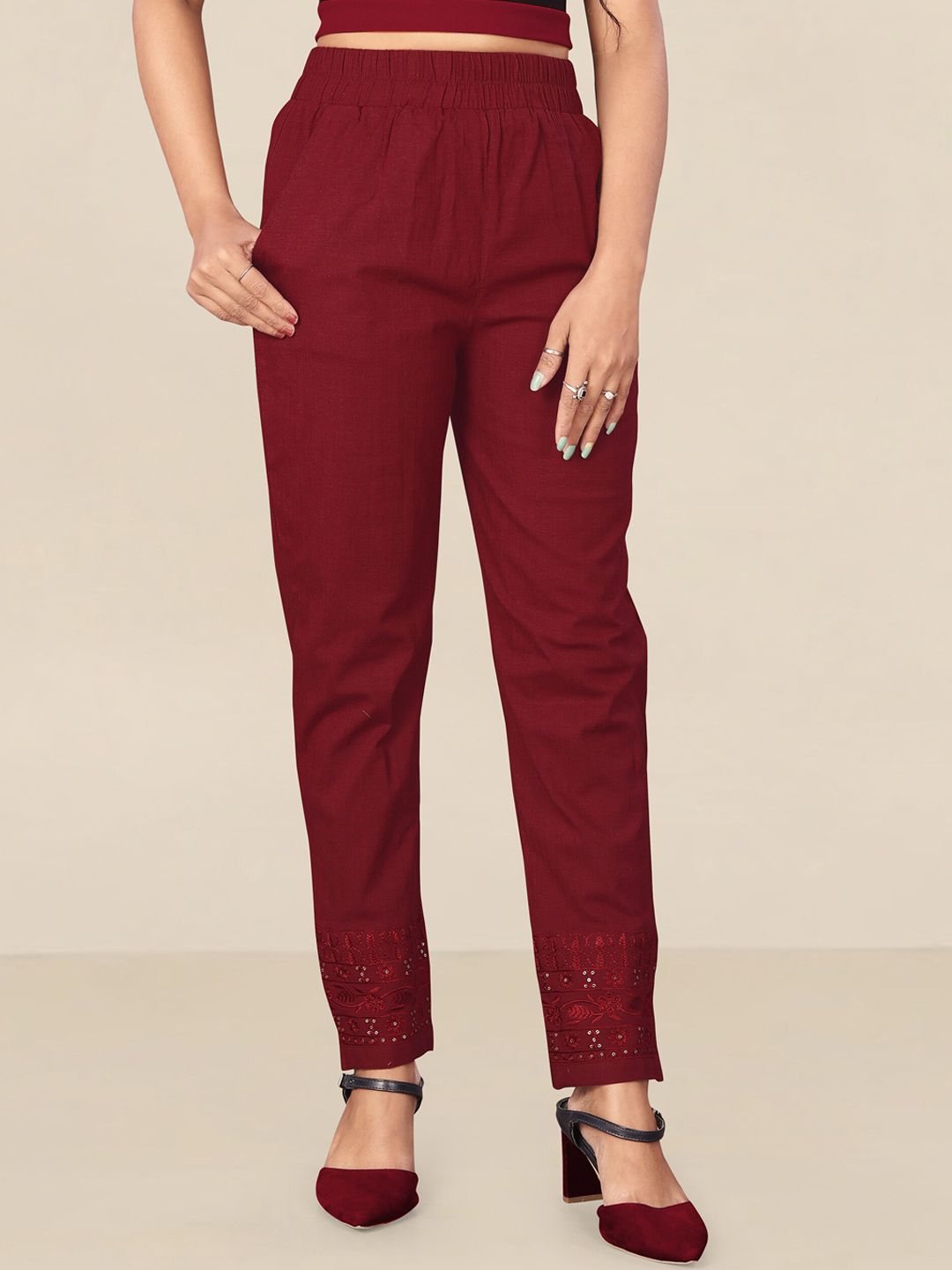 UNITED LIBERTY Women Maroon Printed Relaxed Easy Wash Trousers Price in India