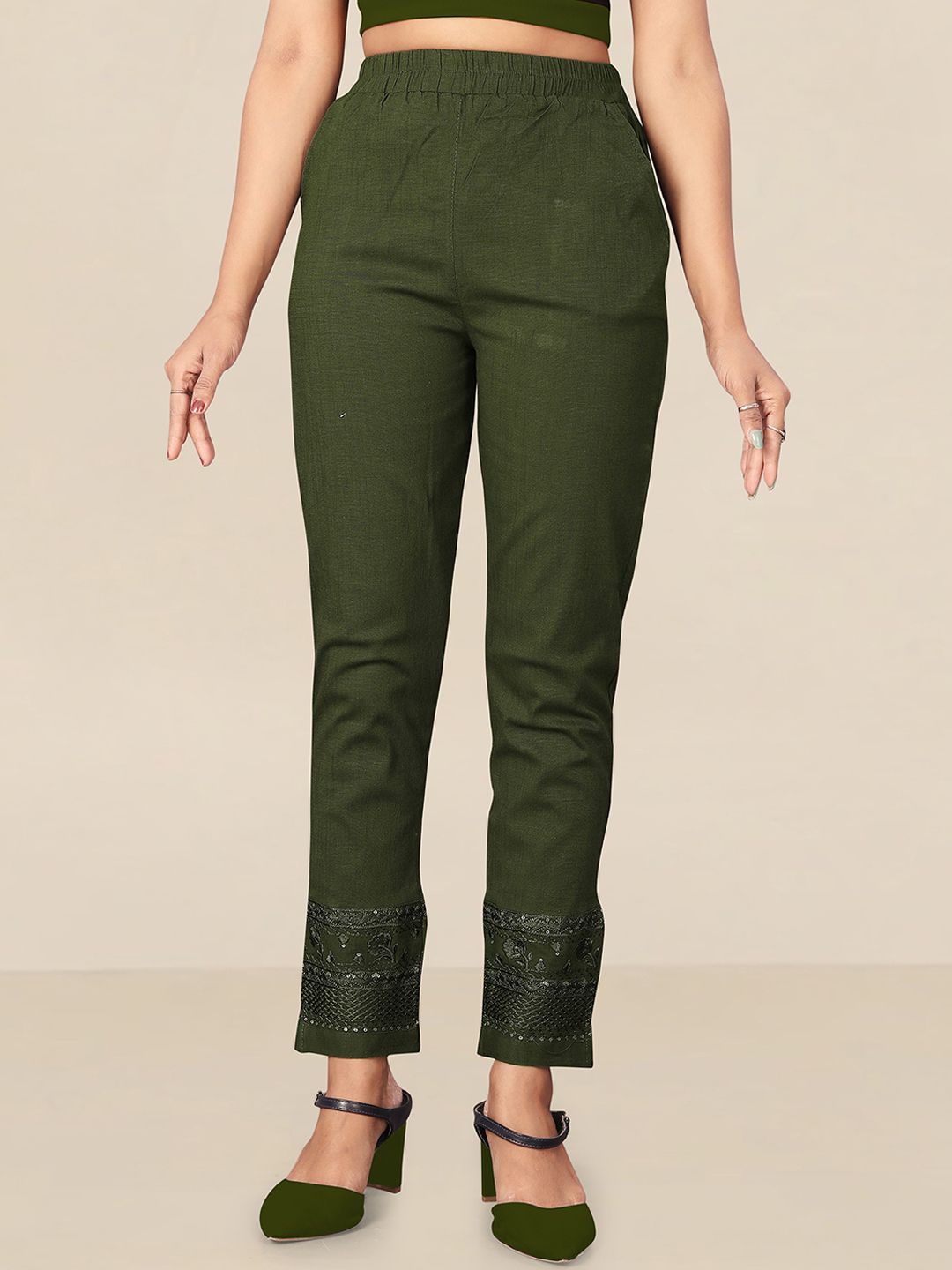 UNITED LIBERTY Women Olive Green Relaxed Easy Wash Trousers Price in India