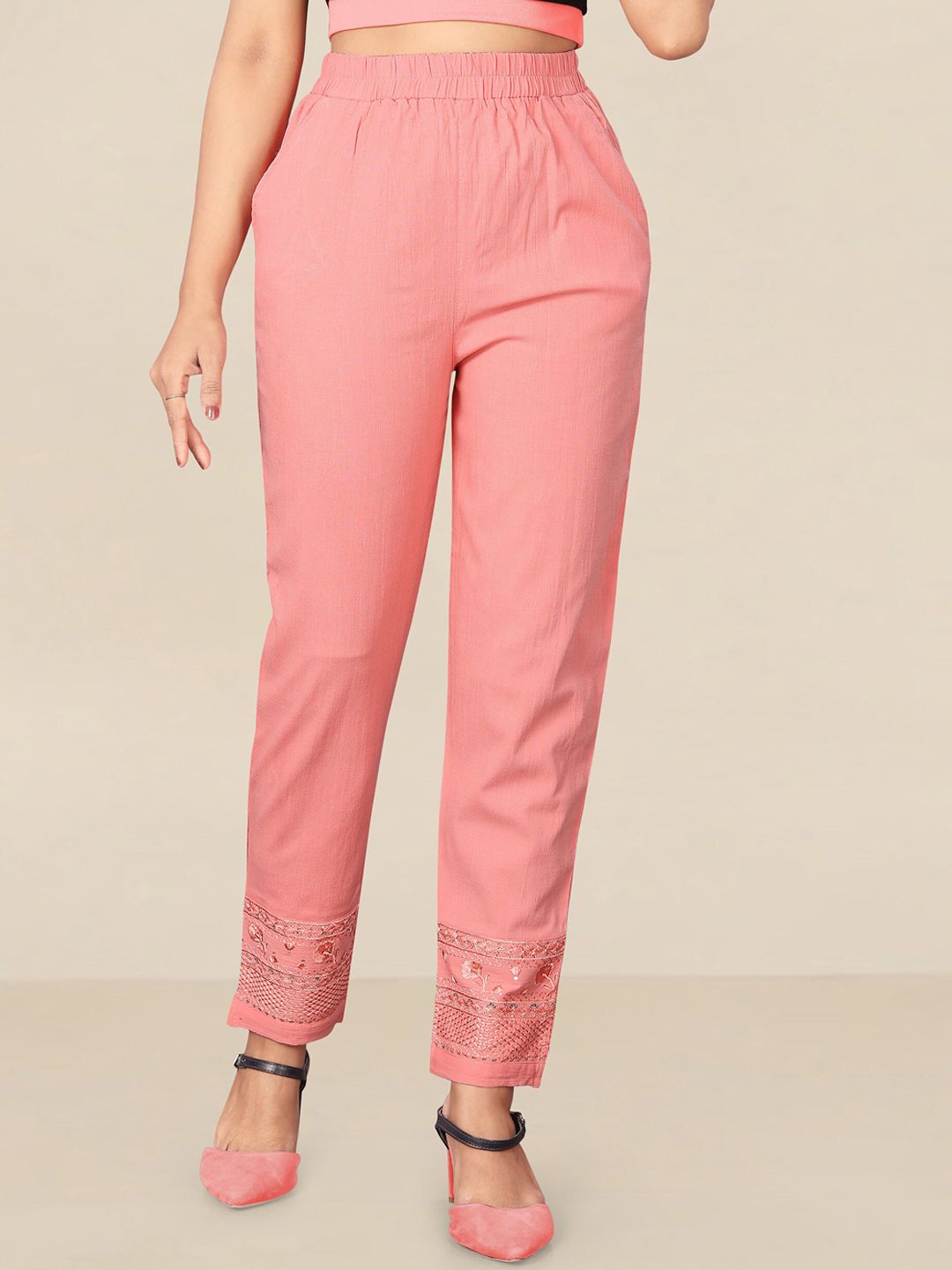 UNITED LIBERTY Women Peach-Coloured Floral Embroidered Relaxed Easy Wash Trousers Price in India