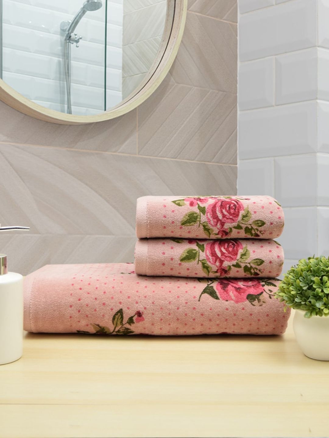 RANGOLI Set Of 3 Pink & Green Floral Printed 450 GSM Cotton Towel Set Price in India
