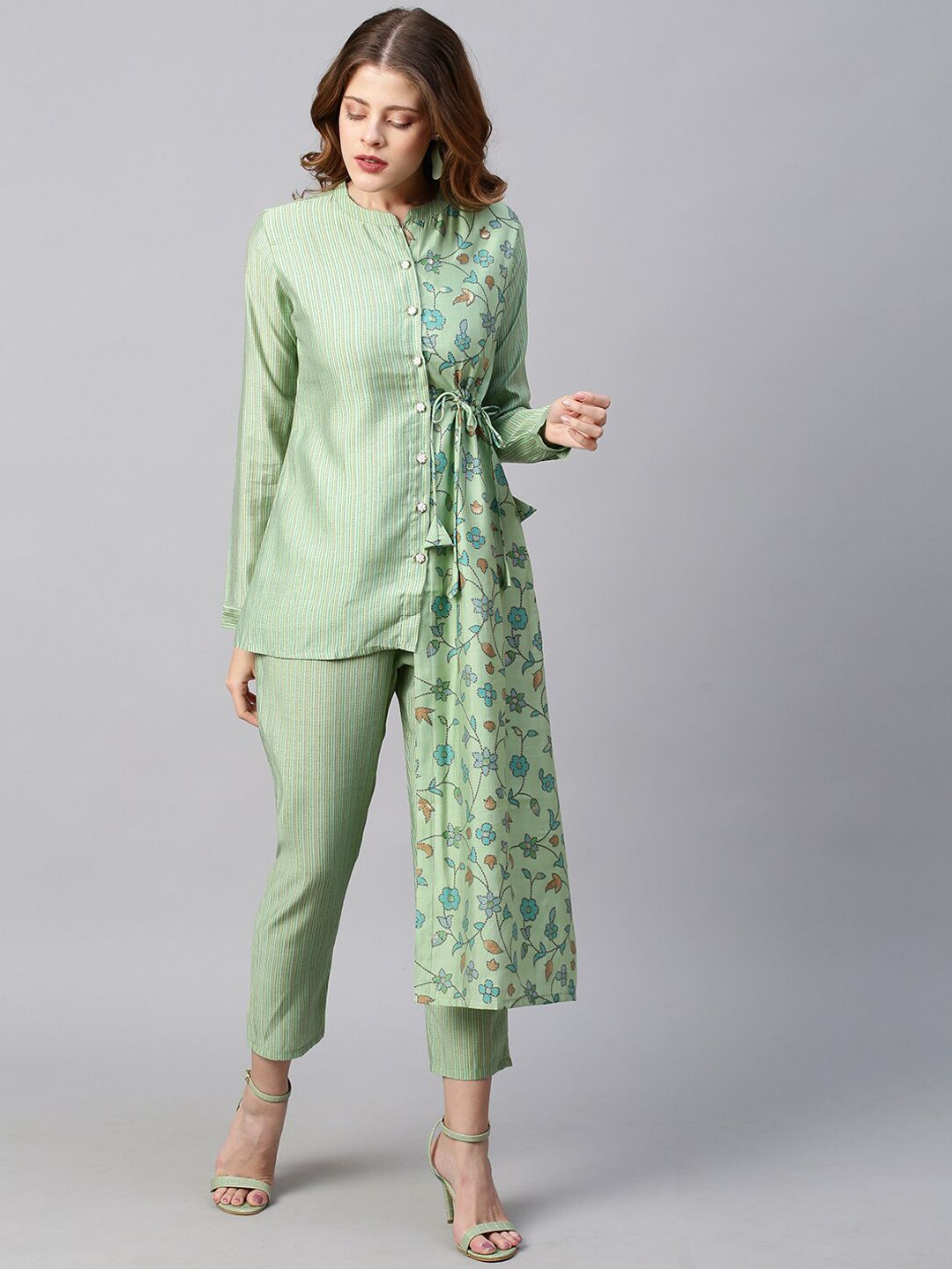 FASHOR Women Green Stripe Printed Co-Ords