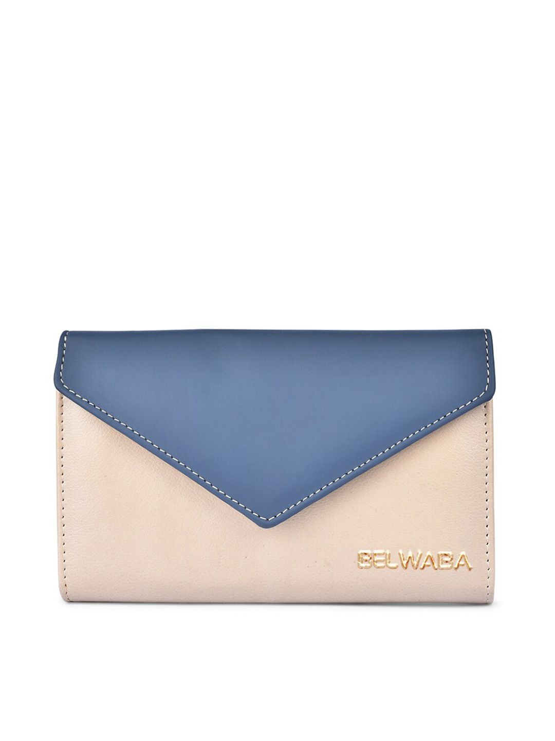 Belwaba Women Beige & Blue Colourblocked PU Two Fold Wallet Price in India