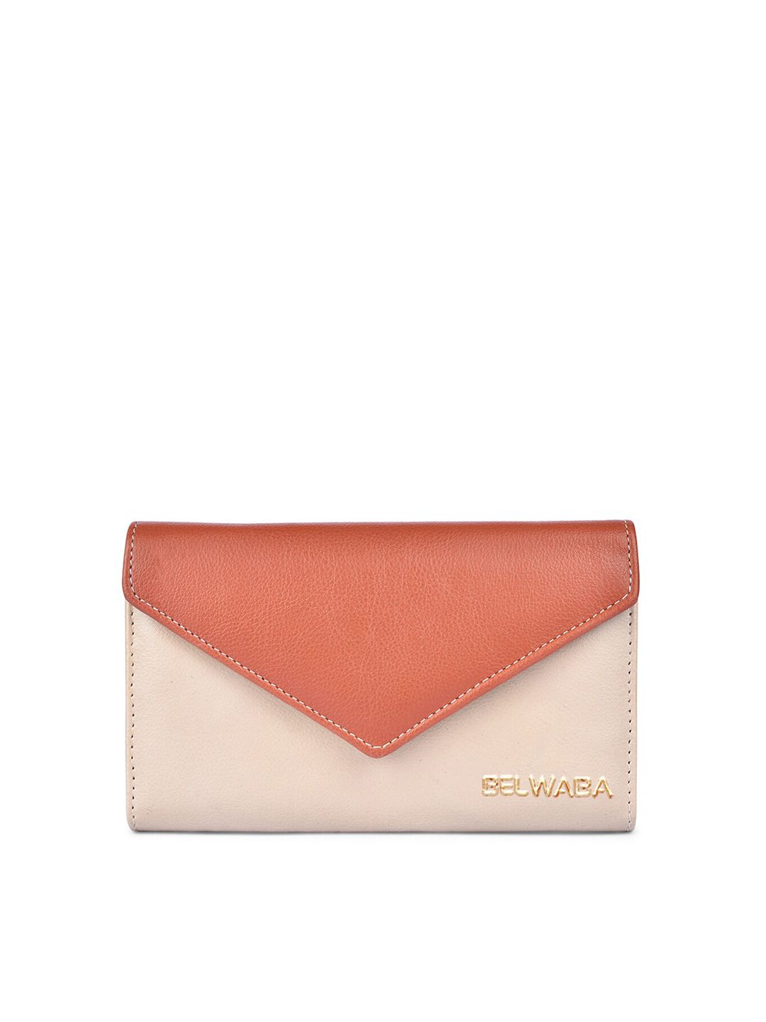 Belwaba Women Beige Colourblocked PU Two Fold Wallet Price in India