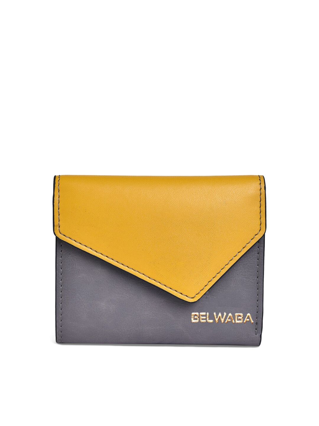 Belwaba Women Grey & Yellow Colourblocked PU Three Fold Wallet Price in India