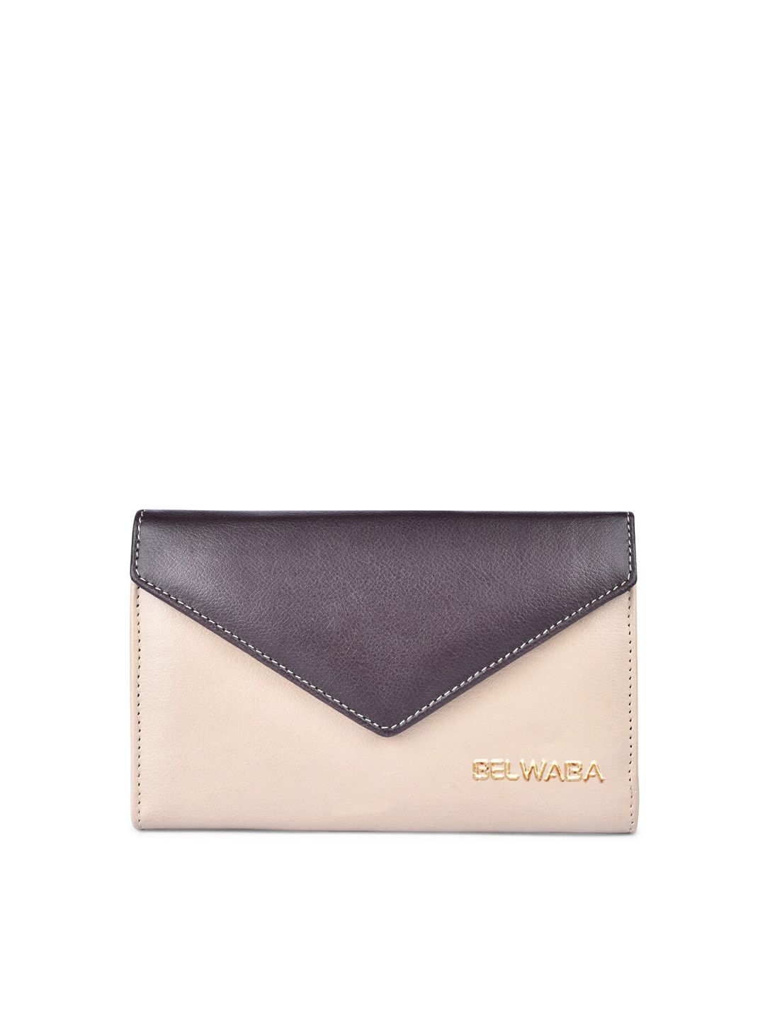 Belwaba Women Beige & Grey Colourblocked PU Two Fold Wallet Price in India