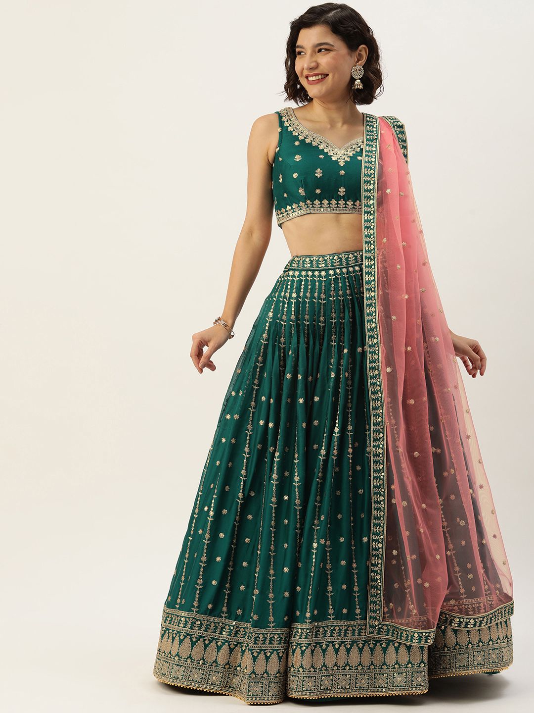 panchhi Green & Gold Sequinned Semi-Stitched Lehenga & Unstitched Blouse With Dupatta Price in India