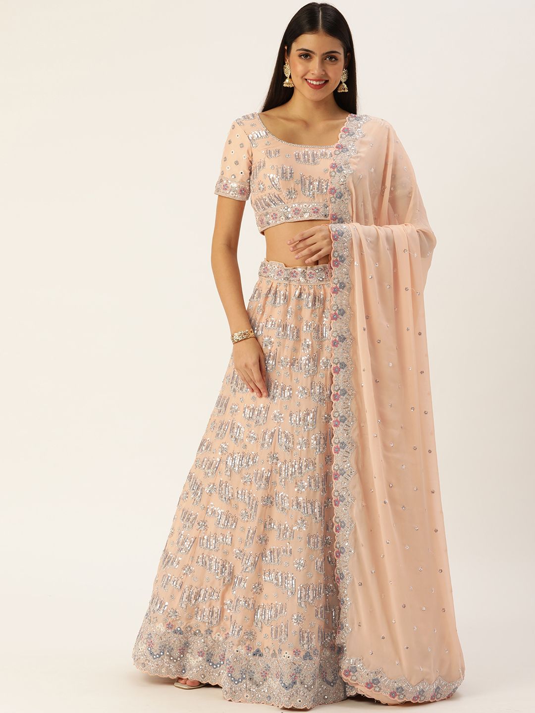 panchhi Peach-Coloured & Embroidered Sequinned Semi-Stitched Lehenga & Unstitched Blouse With Dupatta Price in India