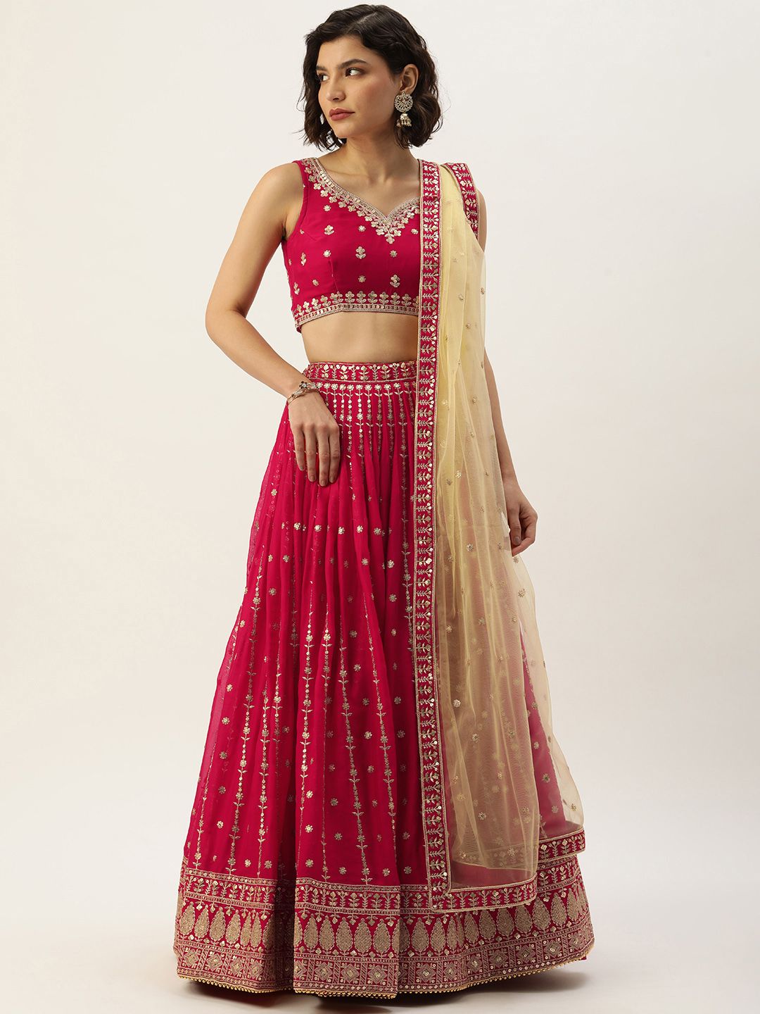 panchhi Red & Gold Sequinned Sequinned Semi-Stitched Lehenga & Unstitched Blouse Dupatta Price in India