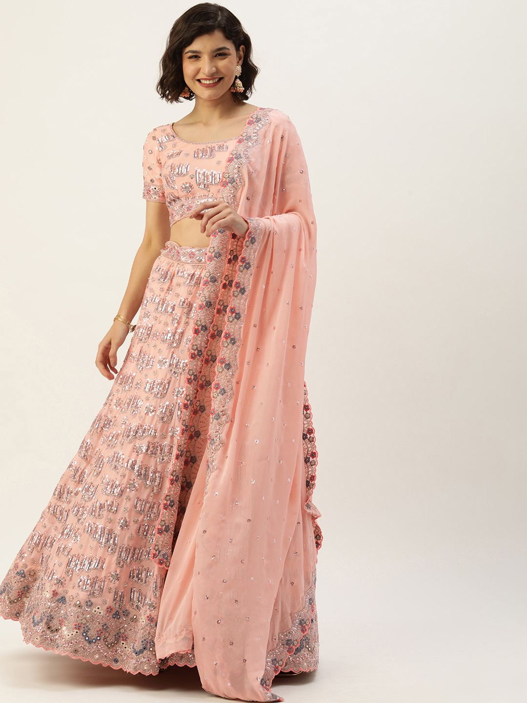 panchhi Peach-Coloured Zarkan Sequinned Semi-Stitched Lehenga & Unstitched Blouse Dupatta Price in India