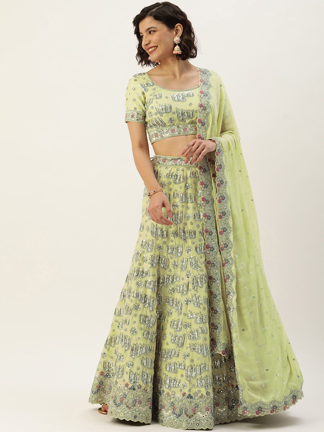 panchhi Green & Gold Sequinned Zarkan Semi-Stitched Lehenga & Unstitched Blouse Dupatta Price in India