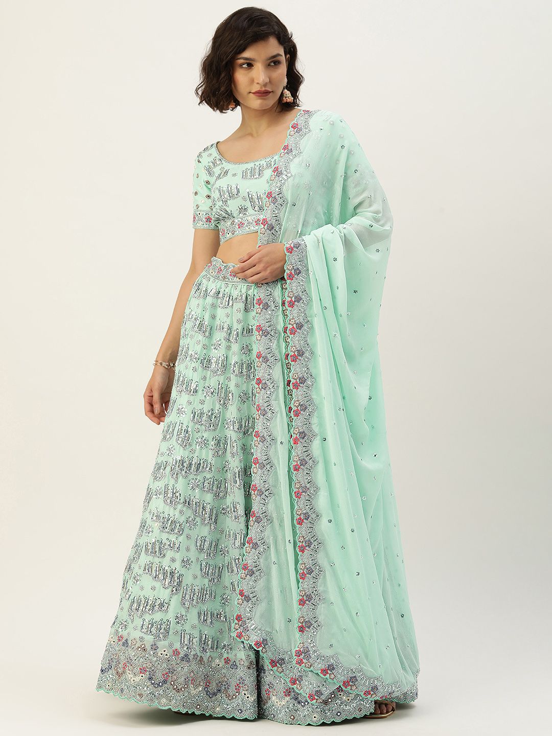 panchhi Sea Green Zarkan Sequinned Semi-Stitched Lehenga & Unstitched Blouse Dupatta Price in India