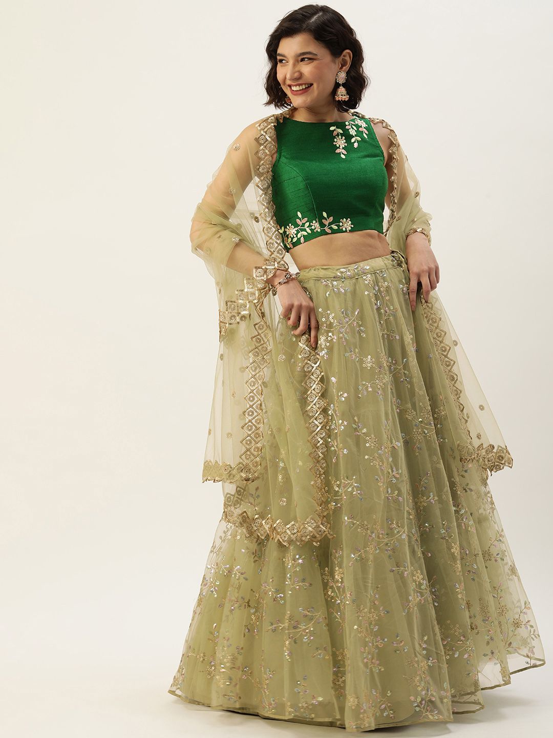 panchhi Green & Gold Sequinned Semi-Stitched Lehenga & Unstitched Blouse With Dupatta Price in India