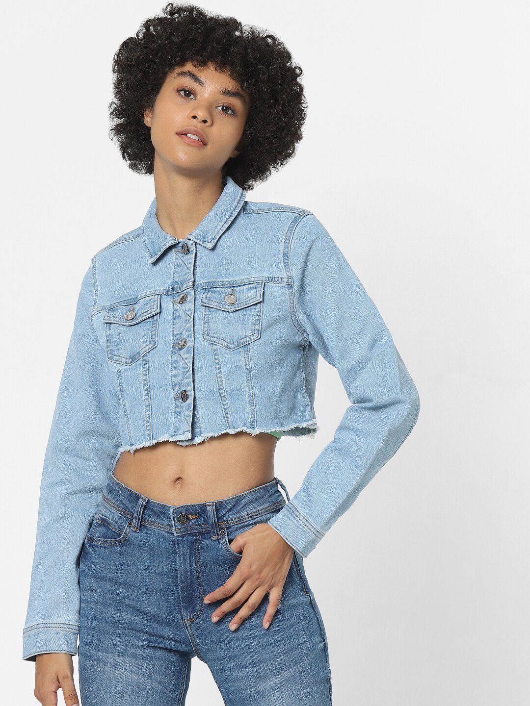 ONLY Women Blue Camouflage Crop Denim Jacket with Embroidered Price in India